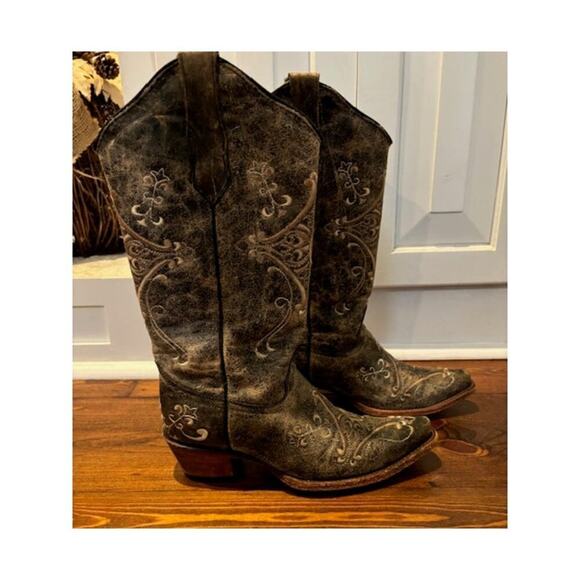 Circle G Embroidered Black Leather Snip-Toe Western Boots L5048 Women Size 7 - Picture 1 of 9